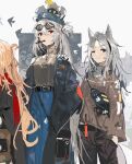  3girls absurdres alchemaniac alternate_costume animal_ears archetto_(arknights) arknights bangs beret black_coat black_pants blonde_hair blue_headwear coat cowboy_shot eyewear_on_head grani_(arknights) grey_background grey_shirt hair_between_eyes hat highres long_hair long_sleeves looking_at_viewer metal_crab_(arknights) mouth_hold multiple_girls open_clothes open_coat out_of_frame pants red_eyes shirt silver_hair skadi_(arknights) standing sunglasses unfinished very_long_hair 