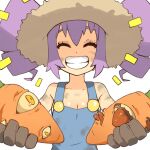  1girl blue_overalls breasts carrot cleavage closed_eyes commentary drill_hair english_commentary extra_eyes facing_viewer gloves grey_gloves grin hat holding notice_lines otachan overalls purple_hair smile solo straw_hat the_otachan_show twin_drills upper_body vins-mousseux 