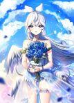  1girl bangs bare_arms bare_shoulders blue_flower blue_rose blue_shorts blue_sky bouquet cloud collarbone commentary_request day dress elsword eve_(elsword) eyebrows_visible_through_hair feathered_wings flower hair_between_eyes hair_ribbon holding holding_bouquet long_hair outdoors parted_lips ribbon rose see-through short_shorts shorts signature sky sleeveless sleeveless_dress solo very_long_hair white_dress white_hair white_ribbon white_wings wings xes_(xes_5377) 