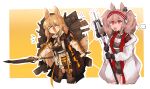  &gt;_&lt; ... 2girls :d angelina_(arknights) animal_ears arknights bangs black_choker black_jacket black_legwear black_shirt breasts brown_hair ceobe_(arknights) choker dog_ears dog_girl food fox_ears fox_girl hairband highres holding holding_spear holding_staff holding_weapon infection_monitor_(arknights) jacket long_hair long_sleeves medium_breasts meme multiple_girls odmised open_clothes open_jacket open_mouth orange_background polearm red_eyes red_hairband shirt smile spear spoken_ellipsis staff thighhighs twintails two-tone_background two-tone_hairband upper_body very_long_hair weapon weapon_on_back white_background white_jacket 