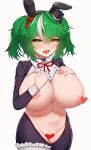  1girl 5danny1206 :d absurdres animal_ears black_headwear breasts bunny_ears censored eyebrows_visible_through_hair fake_animal_ears fang green_hair hair_between_eyes hat heart heart_censor heart_pasties highres huge_breasts looking_at_viewer meme_attire mini_hat multicolored_hair navel nipples open_mouth original pasties red_neckwear red_ribbon reverse_bunnysuit reverse_outfit ribbon short_hair simple_background skin_fang smile solo streaked_hair twintails white_background white_hair yellow_eyes 
