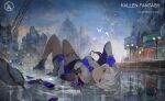  1girl architecture bird blue_eyes crane_(machine) gloves gun handgun highres honkai_(series) honkai_impact_3rd kallen_kaslana kallen_kaslana_(sixth_serenade) looking_at_viewer lying necktie on_back outdoors rain scenery solo weapon wet wet_clothes wet_hair white_hair zzz_(orchid-dale) 