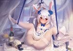  1girl arms_up azur_lane blue_bow blue_flower blue_neckwear blush bottle bound bound_ankles bound_arms bouquet bow bowtie breasts cameltoe closed_mouth copyright_name dress flower gloves hair_flower hair_ornament hair_spread_out high_heels laffey_(azur_lane) laffey_(white_rabbit&#039;s_oath)_(azur_lane) leotard long_hair looking_at_viewer manjuu_(azur_lane) official_alternate_costume pantyhose red_eyes ring_box sarena small_breasts solo spread_legs thighband_pantyhose twintails very_long_hair wedding_dress white_flower white_footwear white_gloves white_hair white_legwear white_leotard wine_bottle 