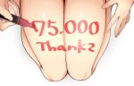  1girl blurry blurry_foreground commentary_request depth_of_field duplicate from_above grey_background hands highres holding holding_pen legs milestone_celebration number original pen shiny shiny_skin simple_background thighs toru_nagase 