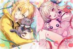  1boy 1girl animal black_ribbon blonde_hair blush cat commentary_request confetti green_eyes grey_hair hair_ribbon heart highres holding holding_animal holding_cat holding_stuffed_toy hood hoodie long_hair looking_at_viewer lying makaino_ririmu meiji_manjimaru multicolored_hair nijisanji off_shoulder open_mouth pillow pink_hair pink_sweater pointy_ears red_eyes ribbon sidelocks smile socks strap_slip stuffed_animal stuffed_bunny stuffed_toy sweater two-tone_hair upper_body uzuki_kou virtual_youtuber yellow_hoodie 