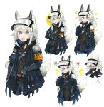  5girls :d :o absurdres animal_ears arknights armband blue_gloves eating food gloves grani_(arknights) grey_hair highres hip_vent holding holding_food holding_pizza holding_weapon horse_ears horse_girl horse_tail jacket long_hair looking_at_viewer multiple_girls odmised open_mouth pizza pizza_slice police police_uniform purple_eyes simple_background smile speech_bubble tail uniform upper_body visor_cap weapon white_background 