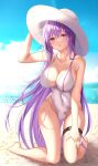  1girl beach blue_sky breasts casual_one-piece_swimsuit cleavage cloud day english_commentary full_body girls&#039;_frontline hat highleg highleg_swimsuit highres holding holding_clothes holding_hat horizon large_breasts long_hair looking_at_viewer maynyan23 ocean one-piece_swimsuit outdoors purple_hair red_eyes sky solo sun_hat swimsuit white_headwear white_swimsuit zb-26_(girls&#039;_frontline) 