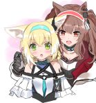  2girls angelina_(arknights) animal_ear_fluff animal_ears arknights bangs bare_shoulders black_gloves blonde_hair blush brown_eyes brown_hair choker collarbone crossed_bangs dress eyebrows_visible_through_hair fatkewell fox_ears frilled_dress frills gloves green_eyes hairband hand_up holding id_card long_hair long_sleeves looking_at_viewer medium_hair multicolored_hair multiple_girls off_shoulder open_mouth sidelocks suzuran_(arknights) two-tone_hair upper_body upper_teeth white_background 