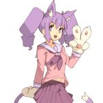  1girl :3 :d animal_ear_fluff animal_ears cat_ears cat_girl cat_tail commentary cowboy_shot drill_hair english_commentary gloves hand_up long_sleeves looking_at_viewer midriff_peek navel neckerchief open_mouth otachan paw_gloves paws pink_shirt pleated_skirt purple_eyes purple_hair purple_neckwear purple_sailor_collar purple_skirt sailor_collar school_uniform serafuku shirt simple_background skirt slit_pupils smile solo tail the_otachan_show twin_drills v vins-mousseux white_background 