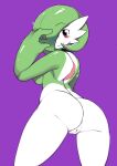  1girl absurdres anus ashraely ass cleft_of_venus closed_mouth colored_skin eyebrows_visible_through_hair from_behind gardevoir gen_3_pokemon green_hair green_skin hair_over_one_eye hand_up highres leaning_forward looking_at_viewer looking_back medium_hair monster_girl multicolored multicolored_skin nude pokemon pokemon_(creature) purple_background pussy red_eyes simple_background smile solo two-tone_skin white_skin 
