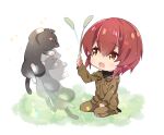  1girl 86_-eightysix- afterimage bangs black_cat brown_eyes brown_jacket brown_pants cat cat_teaser chibi eyebrows_visible_through_hair hood hooded_jacket jacket jumping kurena_kukumila military military_uniform open_mouth pants red_hair short_hair smile solo_focus sparkle takamura_masaya tp_(86_-eighty-six-) uniform white_background 