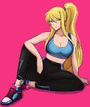  arm_support black_pants blonde_hair blue_eyes breasts cleavage elbow_on_knee hair_between_eyes high_ponytail highres large_breasts legs_apart long_hair metroid midriff mole mole_under_mouth navel omiza_somi pants ponytail samus_aran serious shoes sidelocks sitting sitting_on_floor sneakers sports_bra sportswear tight tight_pants very_long_hair yoga_pants 