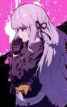  1girl absurdres bangs black_background black_gloves black_jacket black_ribbon black_skirt blunt_bangs braid danganronpa:_trigger_happy_havoc danganronpa_(series) eyebrows_visible_through_hair from_side gloves hair_ribbon hand_up highres jacket kirigiri_kyouko long_hair long_sleeves pale_skin pink_background pleated_skirt profile purple_eyes purple_hair ribbon shiny shiny_hair shirt side_braid single_braid skirt solo stoll_(tmxhf) thinking upper_body white_shirt 