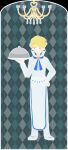  1boy apron argyle argyle_background arm_at_side blonde_hair blue_background blue_eyes blue_neckwear border buttons chandelier chef chef_uniform commentary_request double-breasted elite_four foxrain1223 heart holding holding_tray looking_to_the_side neckerchief pants partial_commentary pokemon pokemon_(game) pokemon_xy sanpaku siebold_(pokemon) standing tray white_apron white_border white_pants white_uniform 