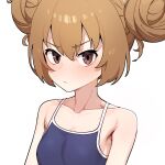  1girl absurdres aisaka_taiga alternate_hairstyle bangs bare_shoulders blue_swimsuit blush breasts brown_eyes brown_hair collarbone commentary_request competition_school_swimsuit double_bun eyebrows_visible_through_hair frown grey_background highres korean_commentary portrait school_swimsuit shiny shiny_hair short_hair simple_background small_breasts solo stoll_(tmxhf) swimsuit toradora! v-shaped_eyebrows white_background 