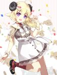  1girl :d ahoge animal animal_ears bangs black_footwear blonde_hair blush bow breasts commentary_request confetti curled_horns eyebrows_visible_through_hair feet_out_of_frame flower grey_shirt hair_between_eyes hair_ornament hairclip hand_up hololive horns long_hair looking_at_viewer medium_breasts open_mouth purple_eyes red_legwear ribbed_legwear sailor_collar see-through shadowsinking sheep sheep_ears sheep_girl sheep_horns shirt shoes short_sleeves skirt smile socks solo standing standing_on_one_leg striped striped_background tsunomaki_watame vertical_stripes virtual_youtuber white_bow white_flower white_sailor_collar white_skirt 