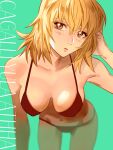  1girl bangs bikini blonde_hair blush breasts brown_eyes cagalli_yula_athha character_name cleavage collarbone green_background gundam gundam_seed hair_between_eyes halterneck hand_in_hair highres leaning_forward long_hair looking_at_viewer medium_breasts navel nito_minatsuki parted_lips red_bikini shiny shiny_hair solo standing swimsuit 