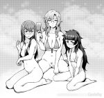  3girls absurdres artist_name bare_arms bare_shoulders barefoot blush bottomless breast_squeeze breasts cellphone christina_(hyakuren) closed_mouth embarrassed female_pubic_hair fingernails flip_phone geewhy glasses greyscale hand_up highres hiyajou_maho holding holding_phone jitome kiryuu_moeka large_breasts legs light_censor long_hair looking_at_viewer makise_kurisu medium_breasts messy_hair moderate_pubic_hair monochrome multiple_girls navel nose_blush parted_lips phone pubic_hair pussy seiza semi-rimless_eyewear sitting small_breasts steins;gate steins;gate_0 sweat under-rim_eyewear wariza 
