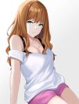  1girl absurdres bangs bra_strap breasts brown_hair cleavage collarbone expressionless eyebrows_visible_through_hair green_eyes grey_background gridman_universe highres huge_filesize long_hair looking_at_viewer medium_breasts minami_yume off-shoulder_shirt off_shoulder pink_shorts shirt shorts sitting solo ssss.dynazenon suiten white_shirt 