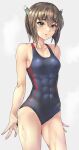  1girl abs bare_arms bare_legs bare_shoulders black_swimsuit brown_eyes brown_hair collarbone competition_swimsuit cowboy_shot eyebrows_visible_through_hair grey_background hair_between_eyes headgear highres kantai_collection kokuzou looking_at_viewer one-piece_swimsuit short_hair simple_background solo swimsuit taihou_(kancolle) 