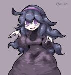  1girl @_@ artist_name bags_under_eyes bangs breasts brown_background chichibu_(chichichibu) commentary_request dress hair_between_eyes hairband hex_maniac_(pokemon) long_dress long_hair long_sleeves looking_at_viewer medium_breasts messy_hair open_mouth pokemon pokemon_(game) pokemon_xy purple_eyes purple_hair purple_hairband simple_background smile solo 