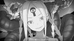  1girl abigail_williams_(fate) abigail_williams_(swimsuit_foreigner)_(fate) bow commentary_request corruption crazy_eyes fate/grand_order fate_(series) forehead greyscale hair_bow hashimoto_takashi headwear keyhole looking_at_viewer monochrome multiple_bows pale_skin polka_dot polka_dot_bow sharp_teeth solo teeth translation_request 