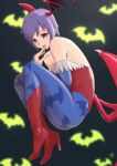  1girl animal_print bare_shoulders bat_background bat_print bat_wings black_background bridal_gauntlets commentary_request demon_girl fetal_position finalcake full_body head_wings highres leotard lilith_aensland looking_at_viewer low_wings pantyhose print_legwear purple_hair red_eyes red_leotard short_hair solo strapless strapless_leotard tongue tongue_out vampire_(game) wings 