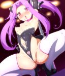  1girl black_gloves blush brainwashing breasts clothing_cutout collar danpu elbow_gloves fate/grand_order fate_(series) gloves heart heart-shaped_pupils highres long_hair looking_at_viewer medusa_(fate) medusa_(lancer)_(fate) mind_control navel navel_cutout nipples pole_dancing pubic_tattoo purple_hair pussy_juice red_eyes revealing_clothes small_breasts solo spread_legs squatting symbol-shaped_pupils tattoo thighhighs tongue tongue_out white_legwear 