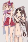  2girls :3 absurdres bangs bare_shoulders bikini blush bow breasts brown_eyes brown_hair cape carrying cleavage collarbone covered_navel dress_swimsuit earrings eyebrows_visible_through_hair eyewear_on_head fate/grand_order fate_(series) hair_ornament height_difference highres illyasviel_von_einzbern illyasviel_von_einzbern_(swimsuit_archer)_(fate) jewelry kopaka_(karda_nui) lifting lifting_person long_hair looking_at_viewer medium_breasts multiple_earrings multiple_girls navel one-piece_swimsuit open_clothes red_bow red_eyes red_swimsuit robe small_breasts smile star_(symbol) star_print sunglasses swimsuit thighs twintails very_long_hair visor_cap white_bikini white_hair yu_mei-ren_(fate) yu_mei-ren_(swimsuit_lancer)_(fate) 