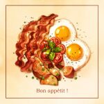  blurry brown_background cyannism egg food food_focus french_text leaf meat no_humans original realistic simple_background sparkle spring_onion still_life sunny_side_up_egg tomato tomato_slice translated vegetable 