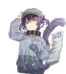  1girl animal_ear_fluff animal_ears arm_up bangs black_collar blush breasts cabbie_hat clenched_teeth collar eyebrows_visible_through_hair grey_headwear grey_shirt hair_between_eyes hair_through_headwear hat highres holding indie_virtual_youtuber kiyama_satoshi kuroike_momimi long_sleeves looking_at_viewer medium_breasts newspaper pen puffy_long_sleeves puffy_sleeves purple_hair shirt simple_background sleeves_past_wrists solo tail_raised teeth twintails virtual_youtuber white_background yellow_eyes 