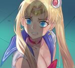 1girl 1other bishoujo_senshi_sailor_moon blonde_hair blue_eyes blush breasts choker circlet cleavage collarbone crescent crescent_earrings derivative_work earrings eyebrows_visible_through_hair heart heart_choker highres jewelry lan_xiezi long_hair penis_shadow red_choker red_neckwear sailor_moon sailor_moon_redraw_challenge screencap_redraw sleeves_rolled_up solo_focus sweat teeth tile_floor tiles tsukino_usagi twintails upper_body wavy_mouth wide-eyed 