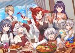  6+girls alcohol antenna_hair bangs beret black_eyes black_hair blue_eyes blue_sky breasts bronya_zaychik brown_hair casual cleavage closed_eyes cloud cloudy_sky cup curtains drill_hair drinking_glass food fu_hua hair_between_eyes hair_over_one_eye hat honkai_(series) honkai_impact_3rd indoors kelinch1 kiana_kaslana liliya_olenyeva long_hair mole mole_on_breast multiple_girls murata_himeko open_mouth pizza pizza_slice raiden_mei red_hair rita_rossweisse rozaliya_olenyeva saliva short_hair sky smile spill spilling table tail theresa_apocalypse twin_drills white_hair window wine wine_glass yellow_eyes 