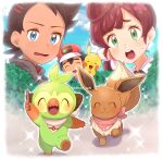  1girl 2boys ash_ketchum bangs baseball_cap black_hair blue_eyes blush border brown_hair chitozen_(pri_zen) chloe_(pokemon) closed_eyes cloud commentary_request day dress eevee eyelashes flower gen_1_pokemon gen_8_pokemon goh_(pokemon) green_eyes grookey hair_flower hair_ornament hat holding holding_stick long_hair multiple_boys open_mouth outdoors pikachu pokemon pokemon_(anime) pokemon_(creature) pokemon_swsh069 pokemon_swsh_(anime) raised_eyebrows shirt short_hair sky sparkle starter_pokemon stick sweatdrop tongue twitter_username upper_teeth watermark white_border white_dress 