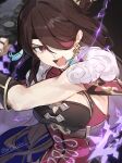  1girl beidou_(genshin_impact) breasts brown_hair commentary earrings electricity eyepatch genshin_impact highres holding holding_sword holding_weapon incoming_attack jewelry long_hair looking_at_viewer open_mouth red_eyes solo sword type-alpha weapon 