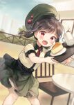  1girl apron bangs beret black_hair black_ribbon blurry blurry_background chair coffee collared_shirt commentary_request cup day depth_of_field dress_shirt eyebrows_visible_through_hair fang green_apron green_headwear green_skirt hat hat_removed headwear_removed long_hair looking_at_viewer midorikawa_you mug necktie open_mouth original outdoors plate pleated_skirt red_eyes red_neckwear ribbon shirt short_necktie short_sleeves skirt solo spilling table tray twintails waitress white_shirt 