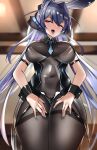  1girl absurdres animal_ears azur_lane bare_shoulders between_breasts blue_hair blush bodystocking breasts bunny_ears collar curvy hands_on_hips headgear highres kyle_(kysizzle) large_breasts looking_at_viewer naughty_face necktie necktie_between_breasts new_jersey_(azur_lane) new_jersey_(exhilarating_steps!)_(azur_lane) open_mouth playboy_bunny skin_tight skindentation sleeve_cuffs thick_thighs thighs tongue tongue_out 