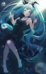  1girl absurdres barefoot black_bow black_dress blue_eyes blue_hair bow bubble collarbone commentary dress floating_hair full_body hair_bow hatsune_miku highres legs long_hair looking_at_viewer parted_lips potate shinkai_shoujo_(vocaloid) shiny shiny_hair sleeveless sleeveless_dress solo twintails underwater very_long_hair vocaloid 