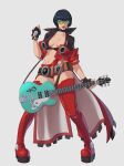  1girl belt black_hair boots choker electric_guitar fingerless_gloves gloves guilty_gear guilty_gear_strive guitar highres i-no instrument jacket midriff mortificent red_jacket red_legwear short_hair showgirl_skirt source_request sunglasses thigh_boots thighhighs venus_symbol very_short_hair zettai_ryouiki 