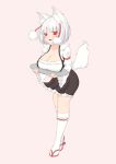  1girl :d alternate_costume animal_ear_fluff animal_ears blush breast_rest breasts cleavage enmaided fang full_body geta highres holding holding_tray inubashiri_momiji kneehighs large_breasts maid mamo_murata open_mouth pink_background pom_pom_(clothes) red_eyes short_hair simple_background skin_fang smile solo tail tengu-geta touhou tray white_hair white_legwear wolf_ears wolf_tail 