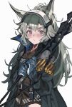  1girl :&lt; animal_ears aogisa arknights armband blue_gloves gloves grani_(arknights) grey_hair highres hip_vent holding holding_weapon horse_ears jacket long_hair looking_at_viewer purple_eyes simple_background solo upper_body visor_cap weapon white_background 