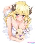  1girl ahoge animal_ears artist_name ass bangs bare_arms bare_legs bare_shoulders bed_sheet blonde_hair blurry blush braid breasts cleavage cropped_arms cropped_legs curled_horns depth_of_field eyebrows_visible_through_hair highres hololive horns large_breasts long_hair looking_at_viewer lying on_bed on_stomach pennylessmac purple_eyes sheep_ears sheep_horns sleepwear smile solo strap_slip stuffed_animal stuffed_sheep stuffed_toy tsunomaki_watame white_background 