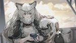  1girl 1other :d animal_ear_fluff animal_ears arknights bangs black_capelet black_gloves braid capelet coffee coffee_mug commentary_request cup earrings gloves grey_eyes hair_between_eyes hair_ornament highres holding holding_cup jewelry leopard_ears leopard_tail long_hair midu5 mug necklace open_mouth out_of_frame pramanix_(arknights) silver_hair smile solo_focus tail turtleneck upper_body 