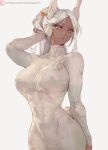  1girl abs animal_ears arm_up boku_no_hero_academia breasts bunny_ears bunny_tail carrot_hair_ornament covered_nipples curvy cutesexyrobutts dark_skin dress expressionless food-themed_hair_ornament grey_background groin hair_ornament highres large_breasts long_hair looking_at_viewer mirko nipple_piercing parted_lips piercing purple_eyes simple_background solo sweater sweater_dress tail tight turning_head turtleneck turtleneck_sweater upper_body white_hair white_sweater wide_hips 