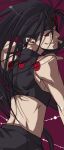  1boy androgynous bangs black_gloves black_hair black_hairband black_pants black_shirt commentary_request cowboy_shot crop_top envy_(fma) fingerless_gloves fullmetal_alchemist gloves grin hairband headband long_hair looking_at_viewer looking_back male_focus pants red_background red_eyes sezaki_takumi shirt simple_background sleeveless sleeveless_shirt smile solo 