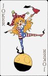  1girl american_flag_dress american_flag_legwear blonde_hair blush_stickers card clownpiece dress fangs fire grey_background hat head_tilt highres holding jester_cap joker_(card) long_hair looking_at_viewer moon neck_ruff no_wings open_mouth outstretched_arms pantyhose playing_card polka_dot ranka_(tonbo) red_eyes red_headwear short_sleeves simple_background smile solo standing standing_on_one_leg star_(symbol) star_print striped torch touhou very_long_hair 