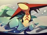  blurry claws closed_mouth commentary_request dragapult film_grain from_below gen_8_pokemon half-closed_eyes highres jacknaiff no_humans pokemon pokemon_(creature) smoke solo twitter_username 