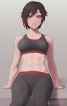  1girl arm_support bangs bra breasts brown_eyes brown_hair collarbone eyebrows_visible_through_hair gradient_hair grey_background grey_bra grey_pants hair_between_eyes highres leaning_back looking_at_viewer medium_breasts midriff multicolored_hair navel pants putcher ruby_rose rwby short_hair solo sports_bra stomach underwear watermark web_address 