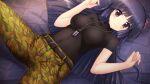 1girl belt black_belt black_shirt blue_hair breasts breasts_apart camouflage camouflage_pants closed_mouth covered_navel eyebrows_visible_through_hair floating_hair flower game_cg green_pants hair_flower hair_ornament hime_cut long_hair looking_at_viewer lying medium_breasts muvluv muvluv_alternative muvluv_alternative_strike_frontier official_art on_back pants purple_eyes red_flower sendou_yuzuka shiny shiny_hair shirt short_sleeves skin_tight smile solo straight_hair very_long_hair 