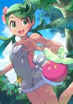  1girl :d absurdres bangs bare_arms blush bounsweet chromatic_aberration cloud commentary day eyelashes flower gen_7_pokemon green_eyes green_hair hair_flower hair_ornament highres leg_up long_hair looking_to_the_side mallow_(pokemon) open_mouth outdoors overalls pink_flower pokemon pokemon_(creature) pokemon_(game) pokemon_sm pon_yui shiny shiny_hair sky smile solo swept_bangs tongue tree twintails upper_teeth 